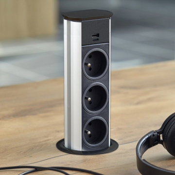 Pop-up stekkerdoos Brick 3x stopcontacten usb a+c lader zwart (BE/FR)